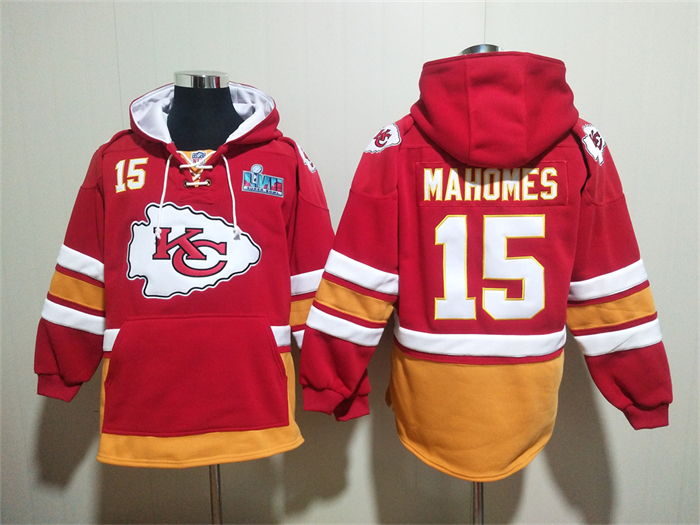 Kansas City Chiefs #15 Patrick Mahomes Super Bowl LVIII Patch Hoodies Red Lace-Up Pullover Hoodie->detroit lions->NFL Jersey